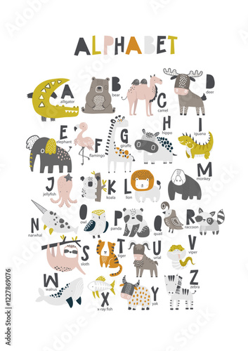 Vector illustration of alphabet for kids with animals. Childrens funny ABC for preschool, kindergarten learning, reading. Learn letters from a to z with animal theme. Kids poster. Scandinavian.