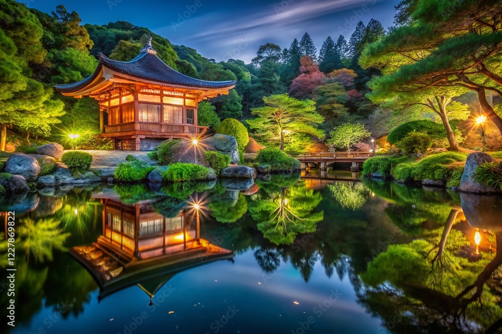 Fototapeta premium Eikan-Do Temple Garden Pond Night Photography - Kyoto Japan Serene Landscape