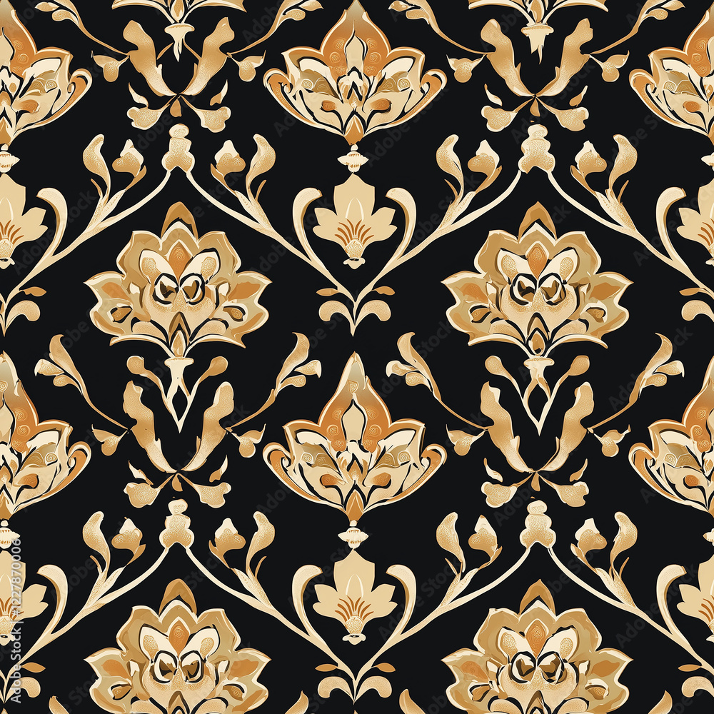 Elegant floral pattern in earthy tones on a black background. Elegant floral pattern in earthy tones on a black background.