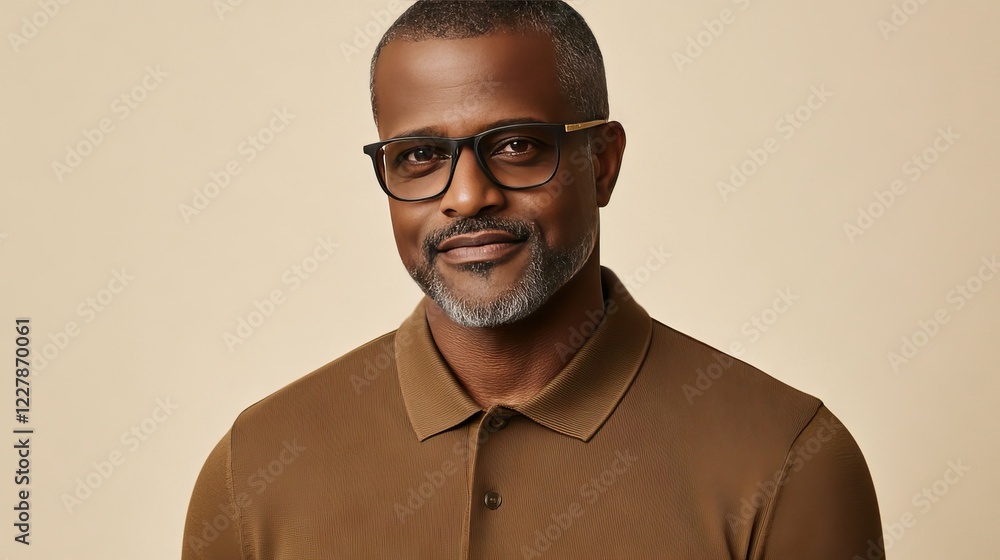 Portrait of a confident man with glasses wearing a stylish brown polo shirt against a neutral background Portrait of a confident man with glasses wearing a stylish brown polo shirt against a neutral background