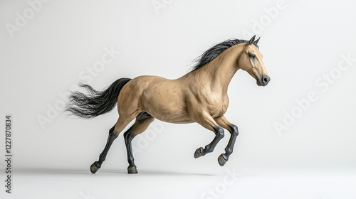 A digital illustration depicts a tan horse with a black mane and tail,