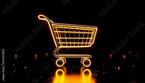 Illuminated Shopping Cart Against a Dark Background with Glowing Effects and Sparkles