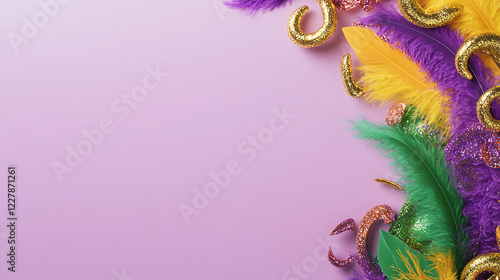 Mardi Gras Masquerade Banner with with glitter, feather, and copy space. Carnival Invitation in purple, green, and yellow colors. Wide format background. AI Generative photo