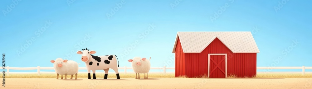 Red barn and white cows, picturesque rural farm scene rustic Red barn and white cows, picturesque rural farm scene rustic