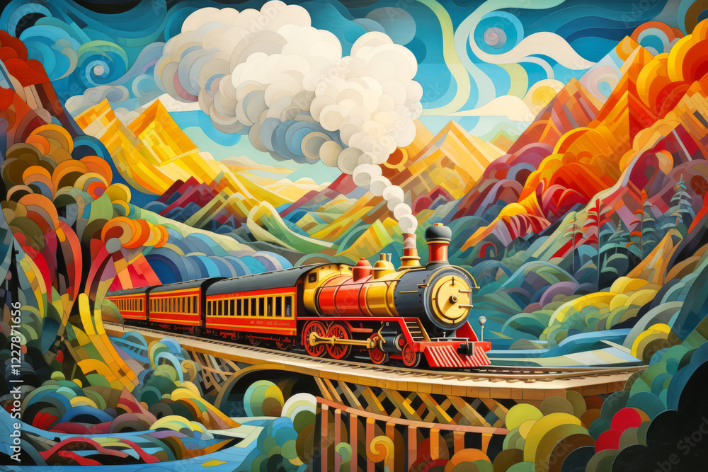 Naklejka premium Locomotive Train Concept Abstract Colorful Scenery Painting
