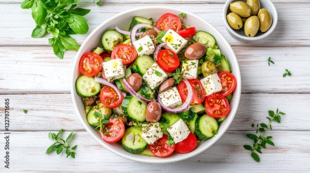 A fresh and vibrant Greek salad with cucumber, tomatoes, olives A fresh and vibrant Greek salad with cucumber, tomatoes, olives