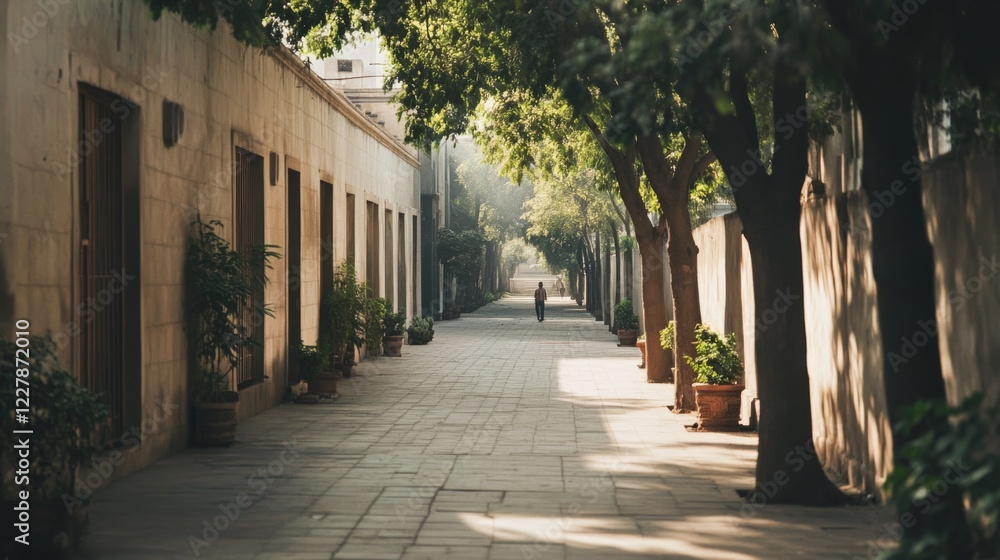 Obraz premium Sunlit pathway between buildings, trees, and potted plants.