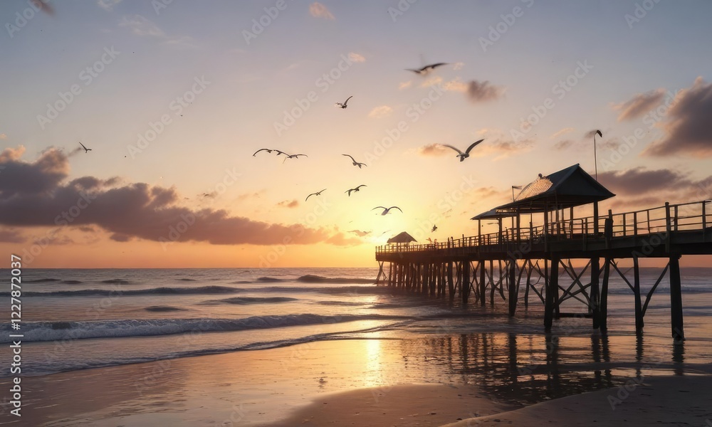 Seagulls circling above a fishing pier at daybreak, seagulls, coastal, water birds, fishing pier, dock