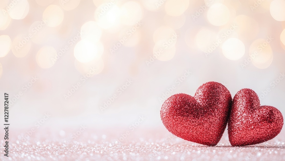 Fototapeta premium Two Red Hearts on a Pink Glittery Background with Bokeh Lights, Romantic Valentine’s Day Banner with Copy Space