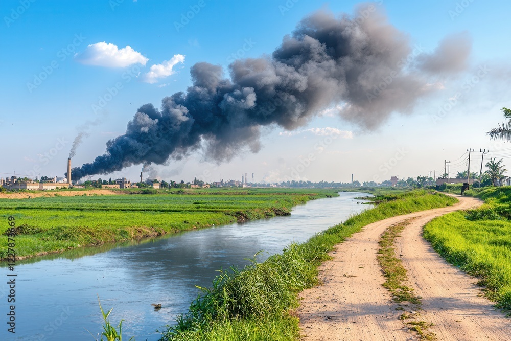 Air pollution pm 2.5 concept. A scenic landscape featuring a river with lush greenery, contrasted by dark smoke billowing from factories in the background under a blue sky. Air pollution pm 2.5 concept. A scenic landscape featuring a river with lush greenery, contrasted by dark smoke billowing from factories in the background under a blue sky.