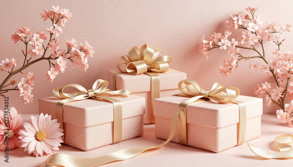Elegant flowers and gift boxes on reflective surface, celebration of 8 March Elegant flowers and gift boxes on reflective surface, celebration of 8 March