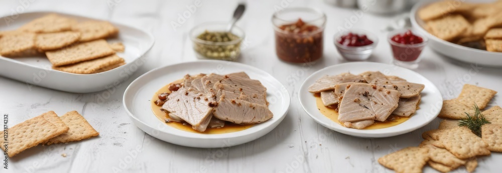 Canned mackerel fillet placed on a plain white surface with some crackers and spreads nearby, protein source, flat lay, kitchen item Canned mackerel fillet placed on a plain white surface with some crackers and spreads nearby, protein source, flat lay, kitchen item