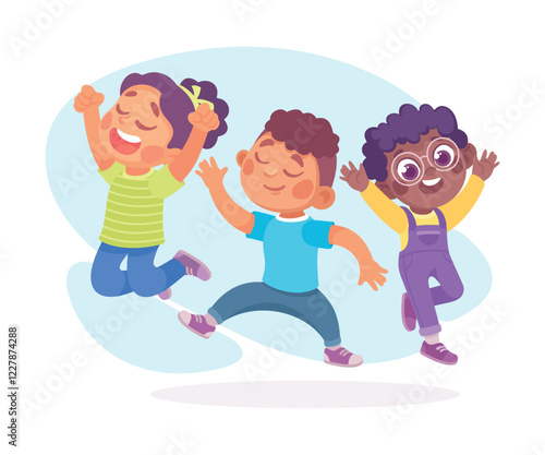 Kids Team with Boy and Girl Character Jump with Joy as Unity Vector Illustration