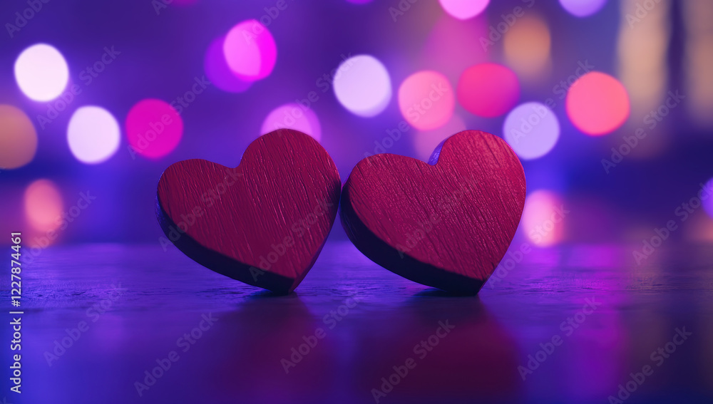 Fototapeta premium 3D Red Wooden Hearts on an Old Rustic Table with Purple and Pink Bokeh Lights, Valentine’s Day Banner with Copy Space