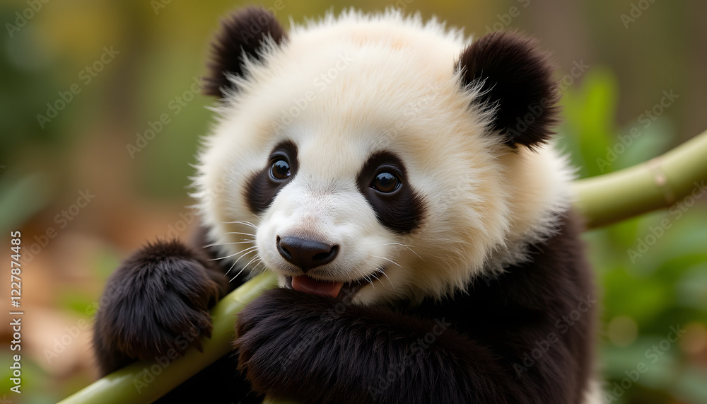 Obraz premium Macro photograph of panda cub munching on bamboo with intricate fur details in natural light