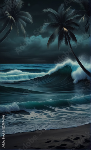 
A breathtaking tropical scene with crashing ocean waves, a lone palm tree, and lush greenery under a dramatic sky. Perfect for conveying paradise and serenity photo