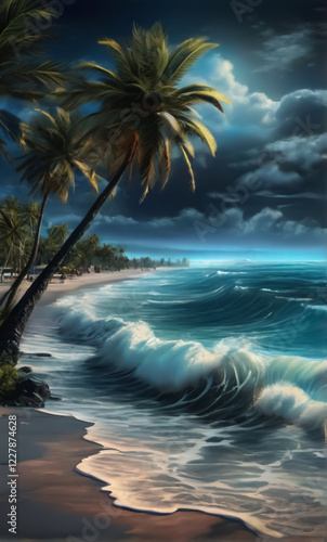 
A breathtaking tropical scene with crashing ocean waves, a lone palm tree, and lush greenery under a dramatic sky. Perfect for conveying paradise and serenity photo