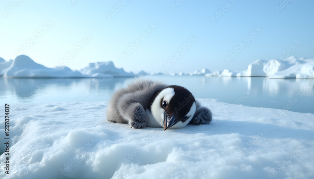 Obraz premium Overhead view of penguin chick resting on ice patch in serene landscape