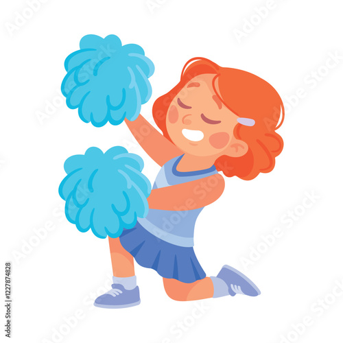 Little Girl In Cheerleader Uniform Cheering with Pompoms Vector Illustration