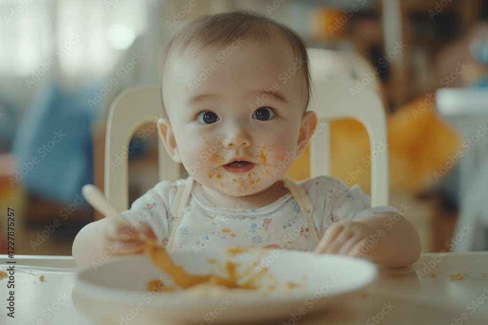 Generative AI image of a cute baby eating food in a highchair with a messy and funny expression Generative AI image of a cute baby eating food in a highchair with a messy and funny expression