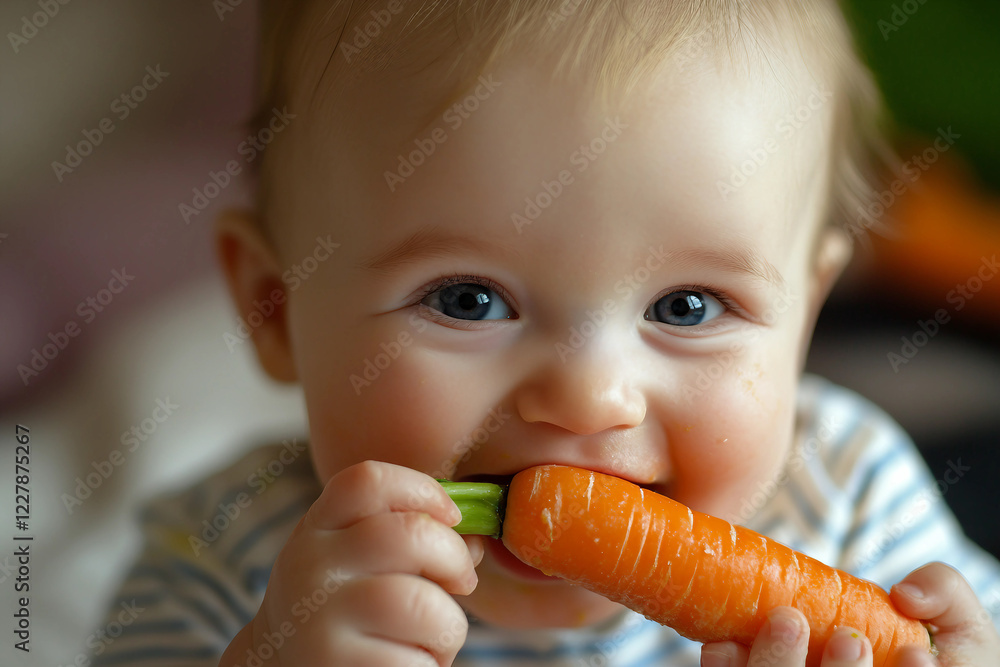 Generative AI image of a cute baby eating food in a highchair with a messy and funny expression Generative AI image of a cute baby eating food in a highchair with a messy and funny expression