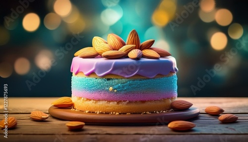 colorful cake with almonds on an old wooden background with bokeh in the backgro