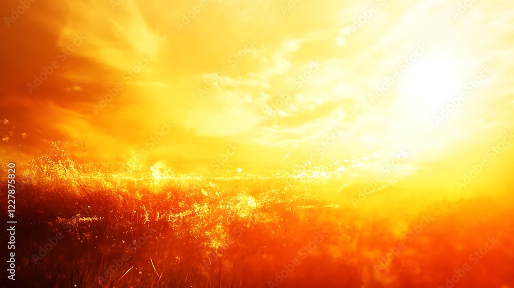 Naklejka premium Golden Sunset Over Grassy Field Landscape