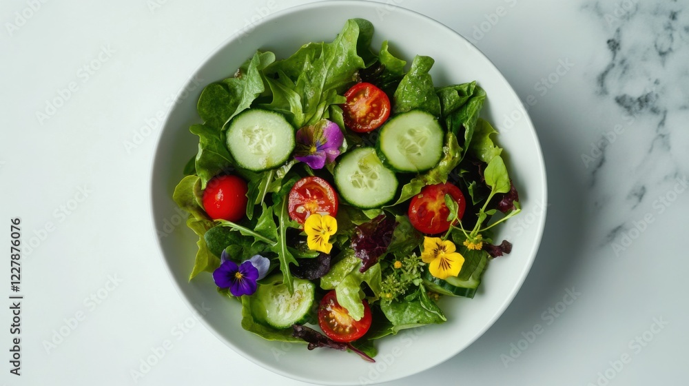 A fresh and vibrant green salad with mixed greens, cherry tomatoes, cucumbers A fresh and vibrant green salad with mixed greens, cherry tomatoes, cucumbers