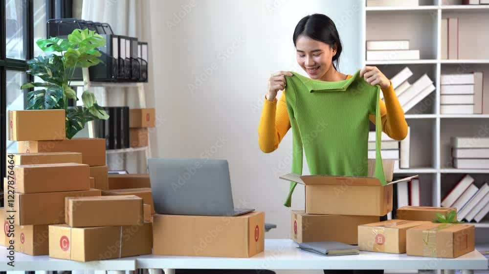 Happy Small Business Owner: A cheerful woman holding up a green sweater she just unpacked from a cardboard box in her home office, surrounded by more packages. Happy Small Business Owner: A cheerful woman holding up a green sweater she just unpacked from a cardboard box in her home office, surrounded by more packages.