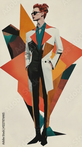 A bold editorial fashion poster with avant-garde tailoring and sharp contrasts.