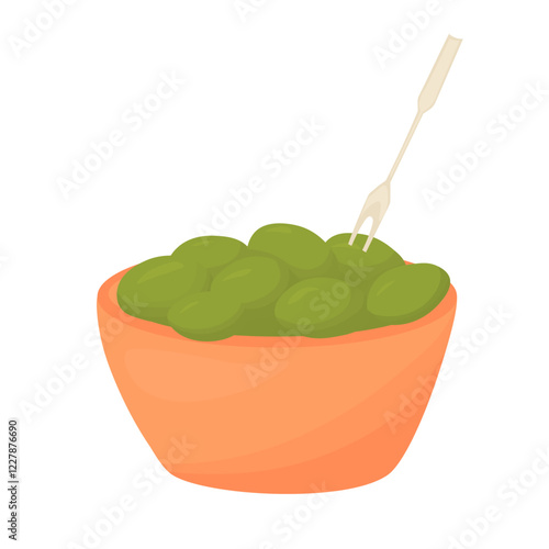 Seedless marinated olives. Olives in ram. Greek food. Appetizer. Vector stock illustration. Isolated on white background. 