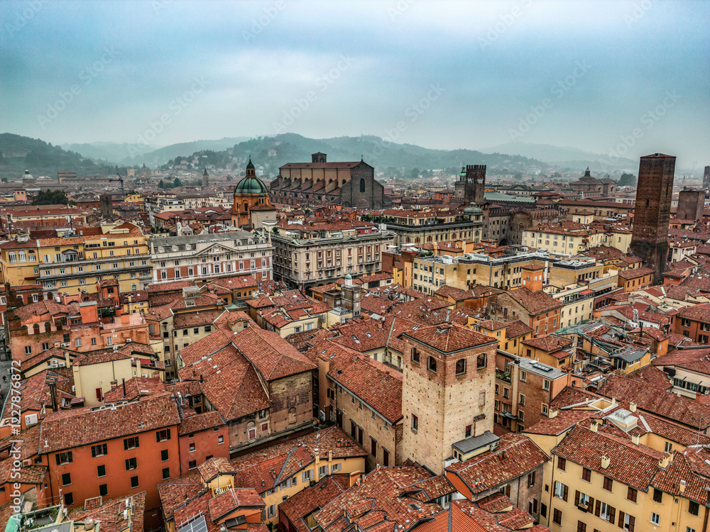 Foggy view of Bologna old town in Italy Foggy view of Bologna old town in Italy