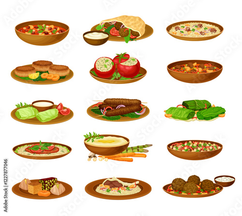 Syrian Cuisine Dish and Traditional Food Vector Set