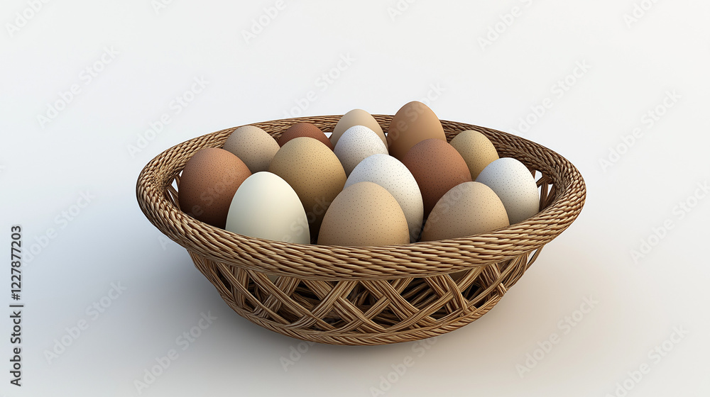 A woven basket holds many eggs of varying colors and patterns A woven basket holds many eggs of varying colors and patterns