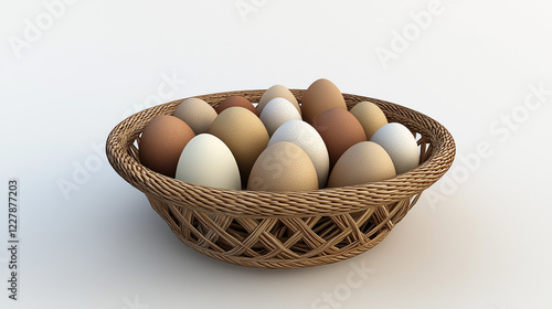 A woven basket holds many eggs of varying colors and patterns