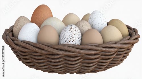 A woven basket holds many eggs of varying colors and patterns