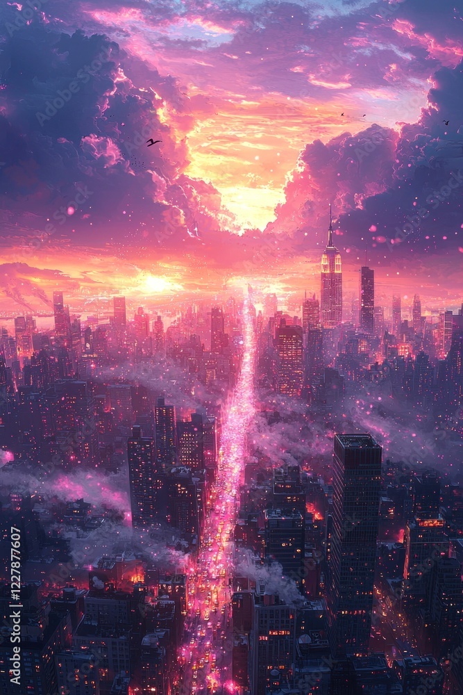 Fototapeta premium Pink Sunset Over City Skyline Majestic View