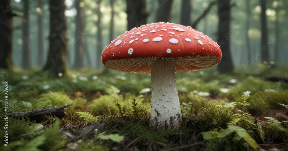 Fototapeta premium Red mushroom with white spots in woodland environment, botanical image, high contrast lighting , woodland