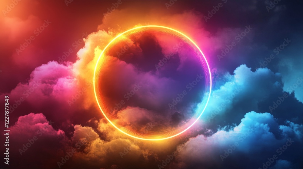 Futuristic Neon Circle Surrounded by Vibrant Glowing Clouds Futuristic Neon Circle Surrounded by Vibrant Glowing Clouds