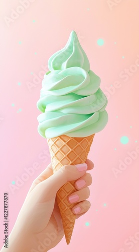 Hand holding mint green soft serve ice cream cone on pastel background – perfect for summer dessert ads, ice cream branding, and playful food content