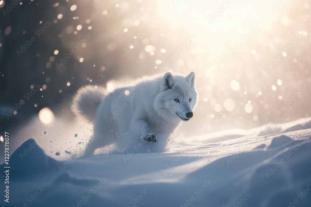 Naklejka premium Majestic arctic wolf in winter wonderland: wildlife photography for nature enthusiasts . winter,arctic wolf,