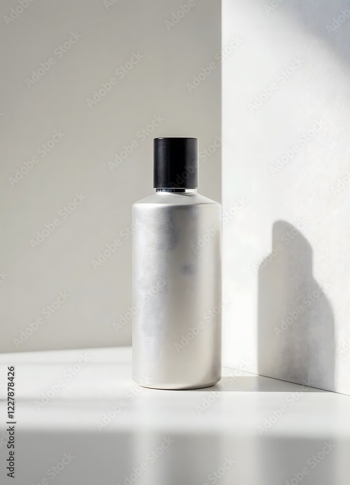 Elegant Silver Bottle Mockup with Sunlight Shadows Elegant Silver Bottle Mockup with Sunlight Shadows