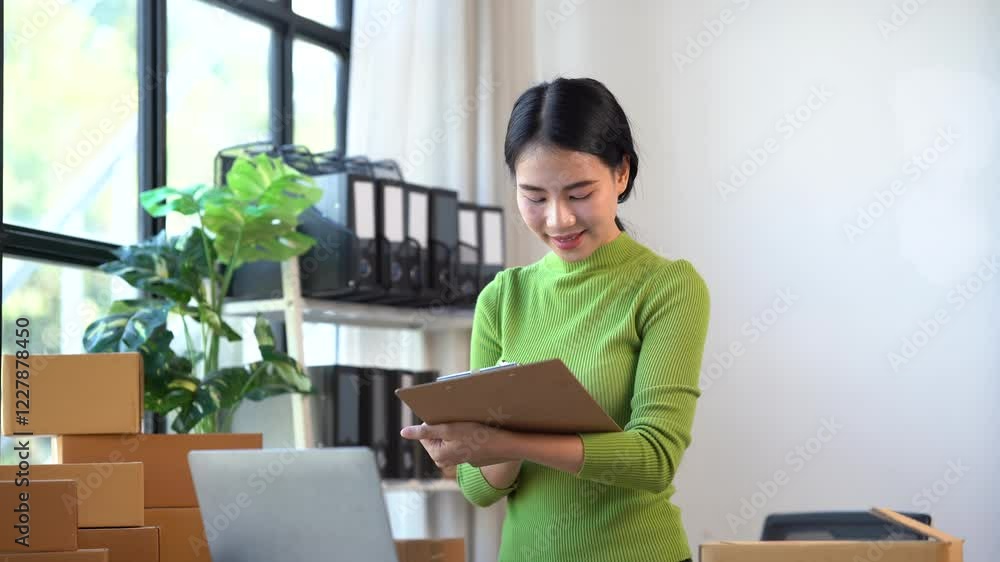 Smiling Businesswoman Checking Orders: A young businesswoman with a warm smile confidently reviews paperwork while surrounded by boxes and a laptop in a modern office setting. Smiling Businesswoman Checking Orders: A young businesswoman with a warm smile confidently reviews paperwork while surrounded by boxes and a laptop in a modern office setting.