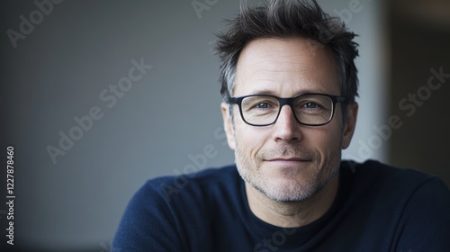 A modern portrait of an entrepreneur with glasses, smiling confidently while seated in a minimalist office setting, reflecting professionalism and success. photo