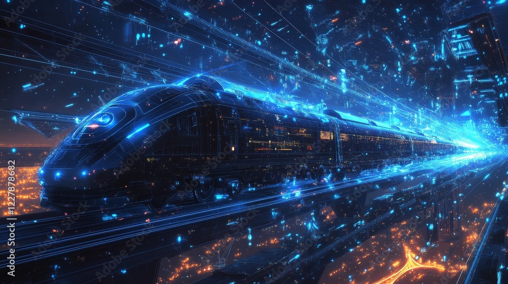 Fototapeta premium 3d moving high-speed train in dark blue. Railway logistics, transport, tourism and technology concept. Abstract vector mesh looks like starry sky. Digital low poly wireframe with connected dots 