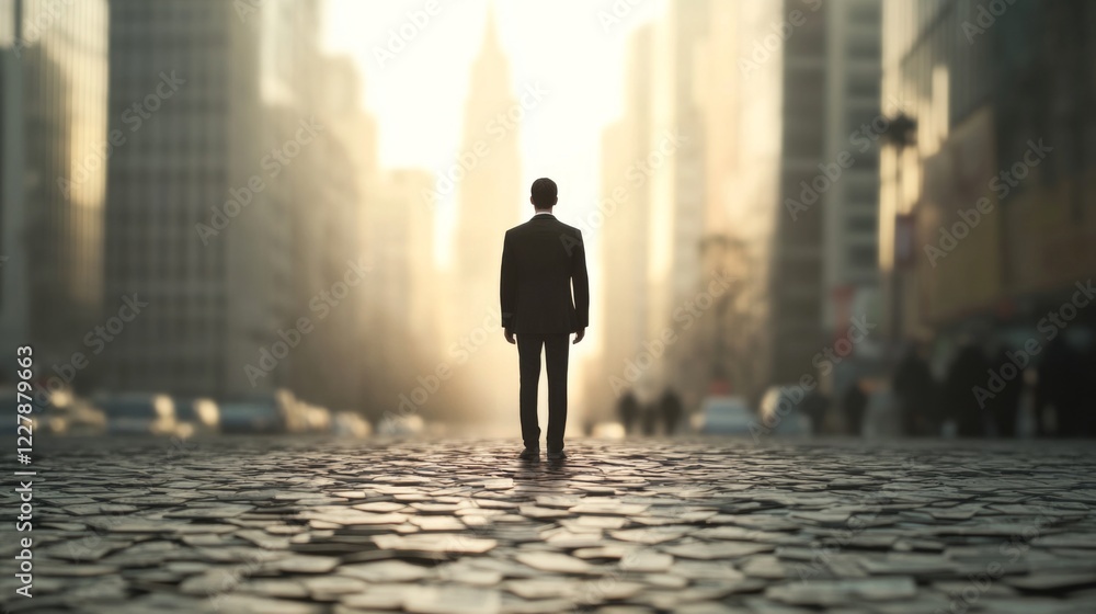 Man in suit stands on cobblestone street, facing city sunrise. Man in suit stands on cobblestone street, facing city sunrise.