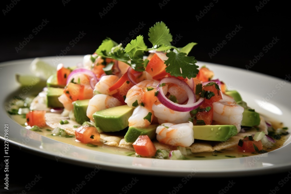 Ceviche Tostada with Fresh Fish and Avocado - Delicious and Colorful Dish with Tomatoes, Coriander, Cucumber, and Onion, Perfect for Kitchen Inspiration Ceviche Tostada with Fresh Fish and Avocado - Delicious and Colorful Dish with Tomatoes, Coriander, Cucumber, and Onion, Perfect for Kitchen Inspiration