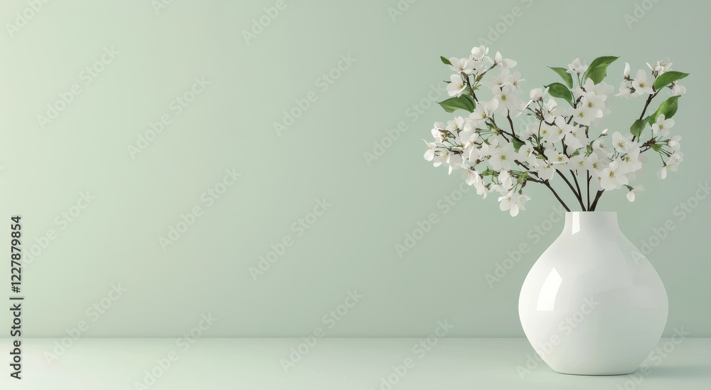 A minimalist white vase with flowers sits on a pastel green background with copy space. A minimalist white vase with flowers sits on a pastel green background with copy space.