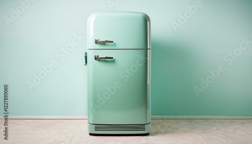 vintage mint green colored refrigerator freezer isolated on a white background retro pastel colored refrigerator for kitchen