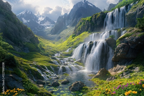 A peaceful alpine valley filled with cascading waterfalls, surrounded by jagged cliffs and vibrant green meadows